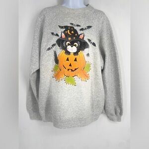 Vintage Y2K Halloween Black Cat Bats Pumpkin Jack-o’-lantern Crewneck Sweater XL